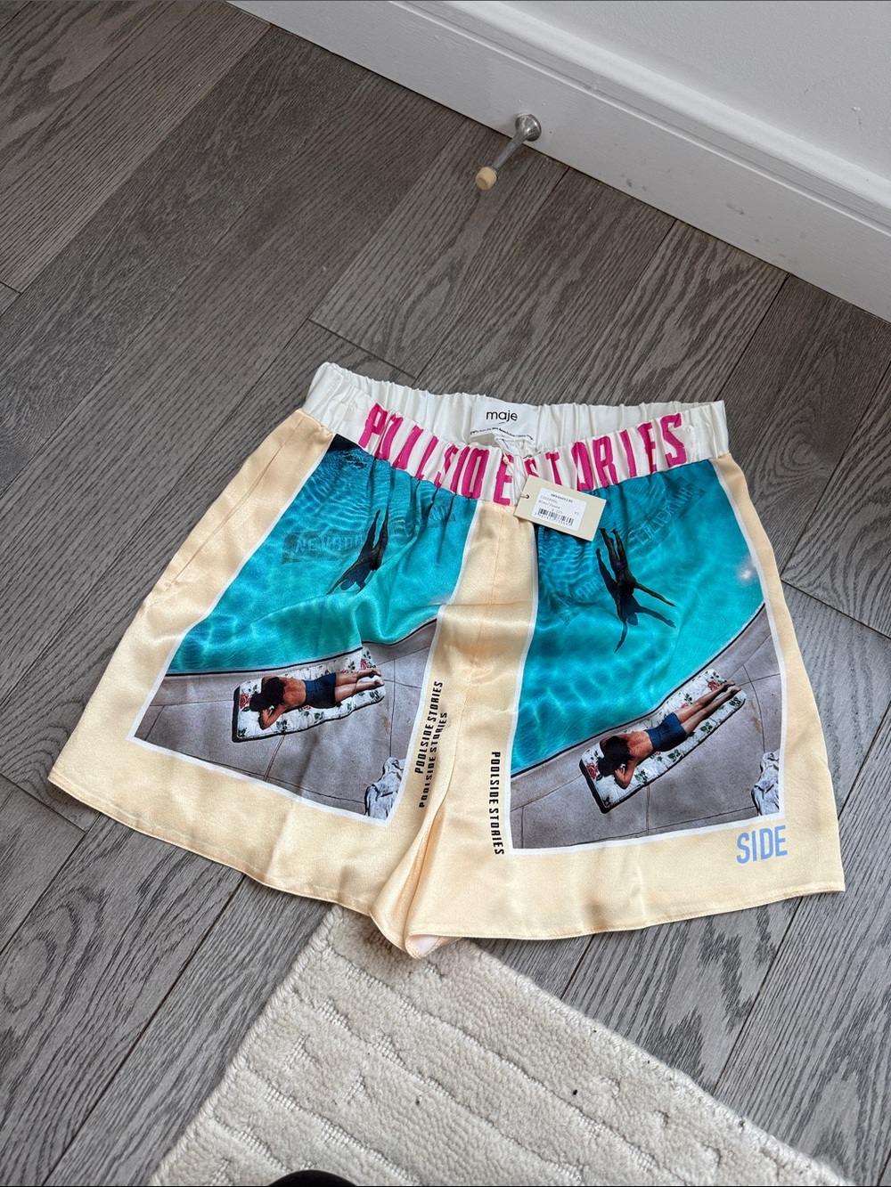 NWT Maje Poolside Graphic Satin Shorts in Turquoise, Cream & Pink